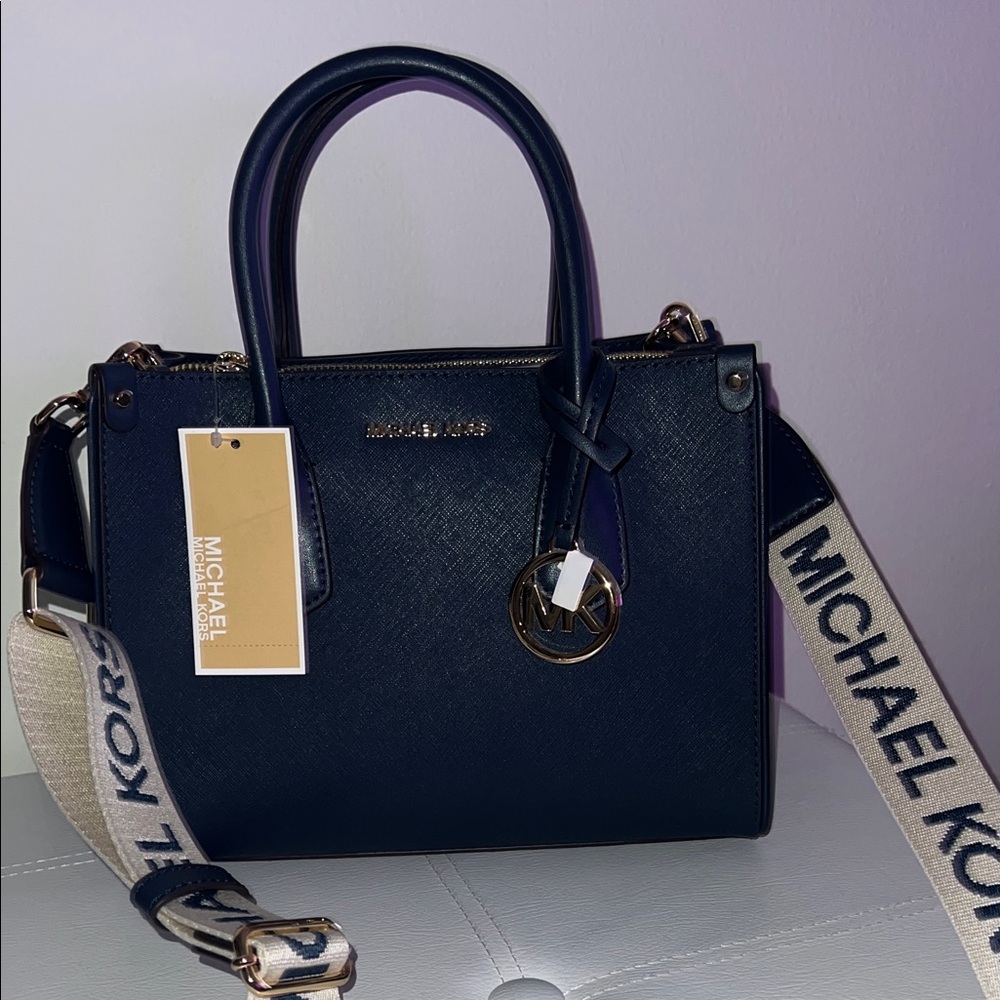 Authentic Michael Kors Dark Blue Satchel with Gold Accents